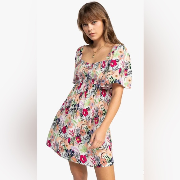 ROXY‎ Golden Dawn Smocked A-Line Mini Dress in Ash Rose Wallflower Size Large - Picture 2 of 16